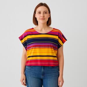 GB Women's Vibrant Stripe Print Short Sleeve Blouse – Size Large